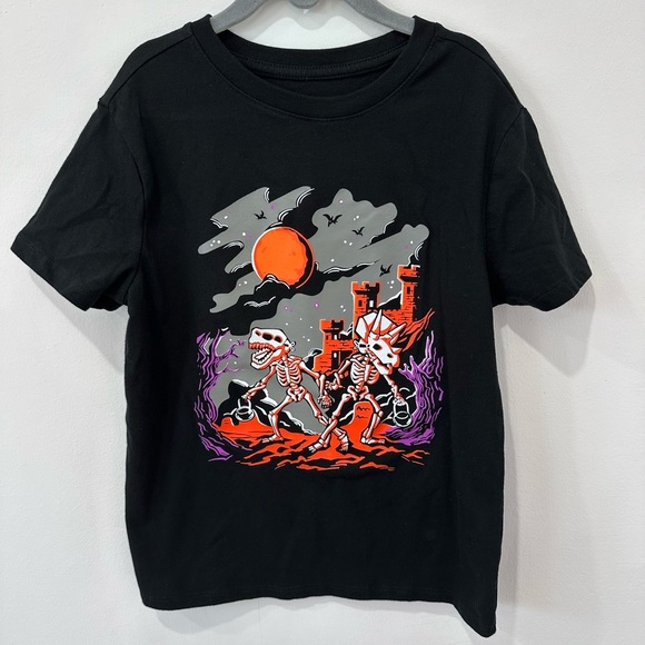 Cat & Jack Black T-Shirt with Halloween Dinosaur Skeleton Graphic - Size M (8) - Picture 1 of 5